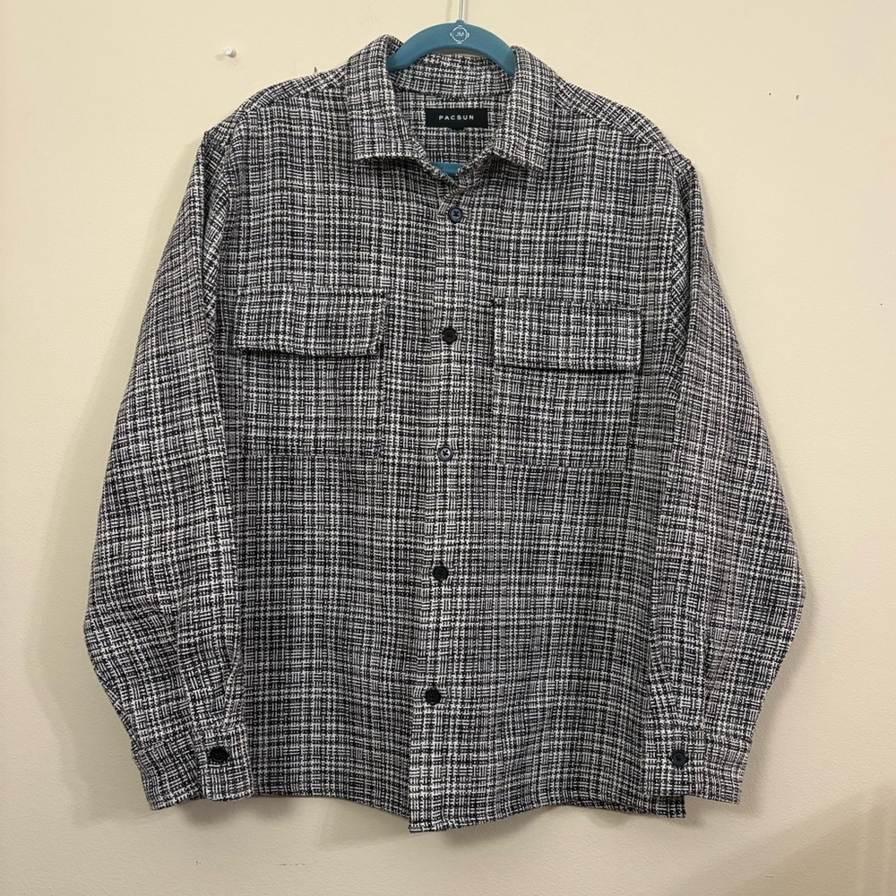 Pacsun tweed plaid shacket jacket men’s L button up black & white cl